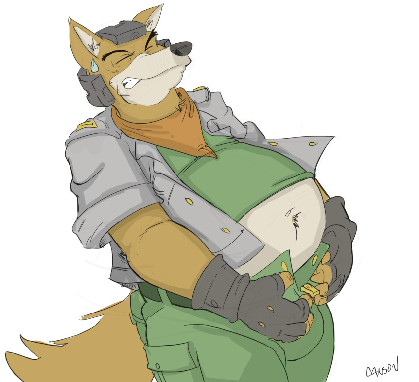 2019 anthro belly belt big_belly bodily_fluids bottomwear canid canine canson clothing fox fox_mccloud fur gloves handwear headgear hi_res jacket male mammal navel nintendo orange_body orange_fur overweight pants pilot pilot_uniform scarf shirt simple_background solo star_fox struggling_to_fit sweat tight_clothing topwear unbuttoned video_games white_background white_body white_fur