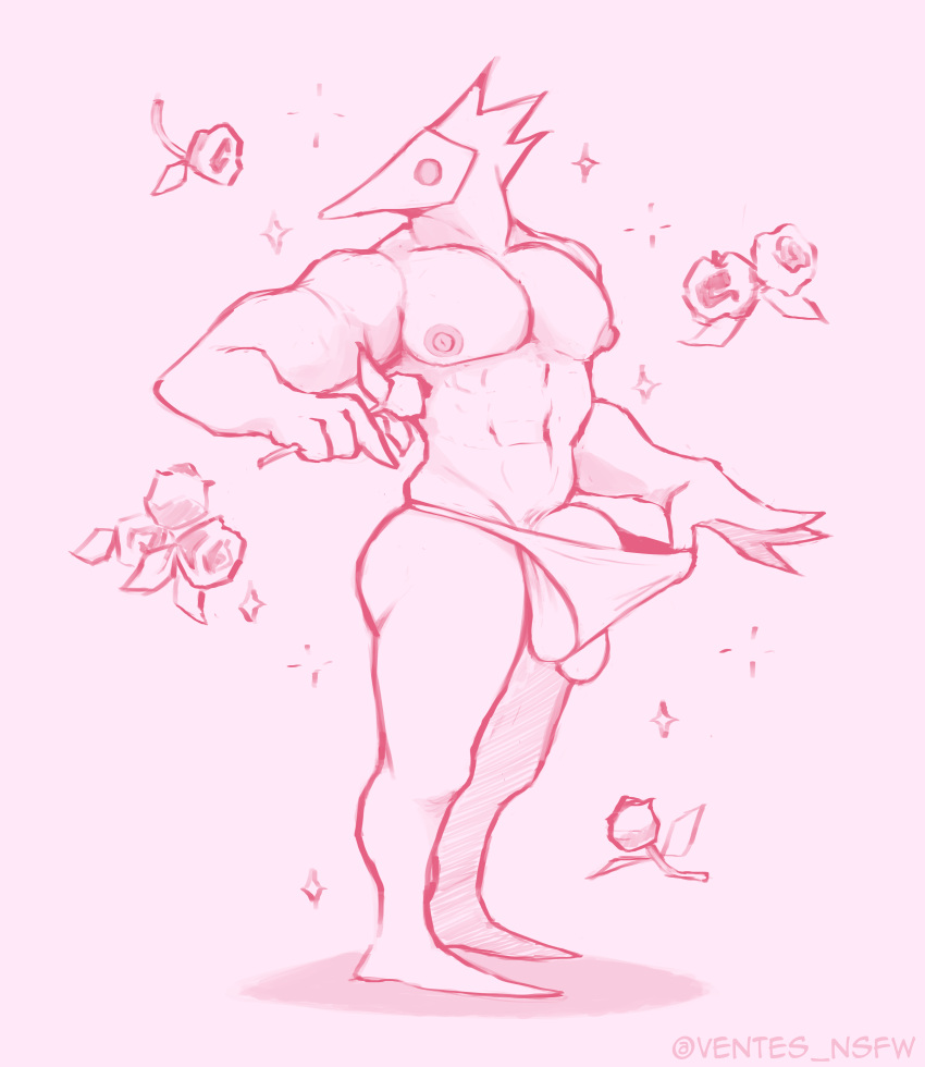abs absurd_res animal_mask anthro avian balls beak_mask big_balls big_butt big_nipples big_pecs big_penis bird butler butt clothing darkner deltarune flower genitals hair hi_res holding_flower holding_object male mask monochrome monster muscular muscular_male nipples pecs penis pink_and_white plant pointy_fingers pose rose_(flower) saggy_balls simple_background sketch solo sparkles spiky_hair stretched_clothing swatchling thick_thighs thong undertale_(series) underwear ventesthefloof video_games