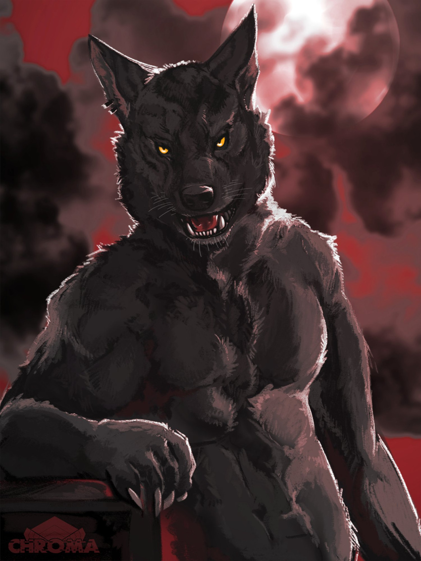 2020 3:4 anthro artist_name biped black_nose canid canine canis chest_tuft chromamancer claws cloud fangs fluffy full_moon fur grey_body grey_fur half-length_portrait handpaw hi_res leaning_on_object light looking_at_viewer male mammal moon moonlight muscular muscular_anthro muscular_male navel nude open_mouth outside paws pecs pink_tongue portrait pose red_sky sharp_teeth sky smile solo standing teeth tongue tuft were werecanid werecanine werewolf whiskers wolf yellow_eyes