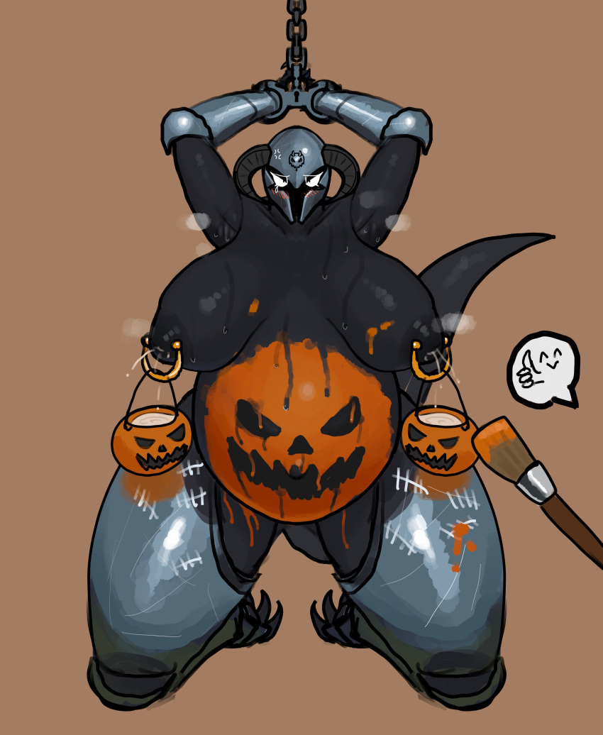 absurd_res after_rape after_sex animal_humanoid anthro areola arms_above_head belly big_breasts black_body black_nipples bodily_fluids bodypaint breasts breasts_apart dragon dragon_humanoid female food fruit halloween hi_res holidays horn humanoid im51nn5 inverted_nipples jack-o'-lantern lactating nipple_piercing nipple_weights nipples piercing plant pregnant pumpkin pumpkin_belly restrained restraints sagging_breasts solo tally_marks thick_thighs wide_hips