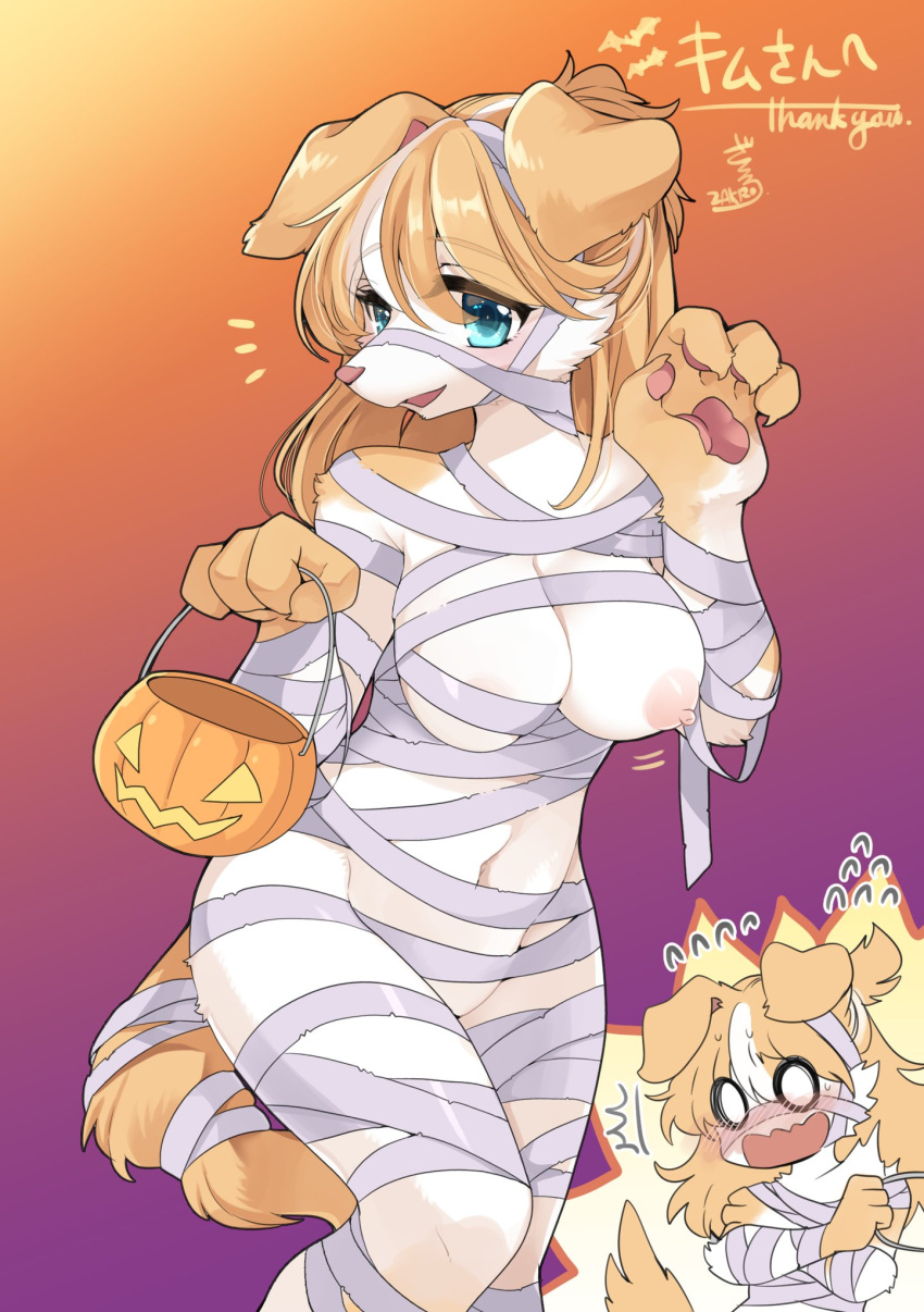 2021 4_fingers anthro areola big_breasts blonde_hair blue_eyes body_wraps breasts canid canine canis claws clothing digital_media_(artwork) domestic_dog embarrassed female finger_claws fingers floppy_ears fur hair halloween hi_res holidays japanese_text kemono lemoco long_hair mammal multicolored_body multicolored_fur multiple_images navel nipples one_breast_out pawpads paws shaded signature solo text translated two_tone_body two_tone_fur wardrobe_malfunction white_body white_fur yellow_body yellow_fur