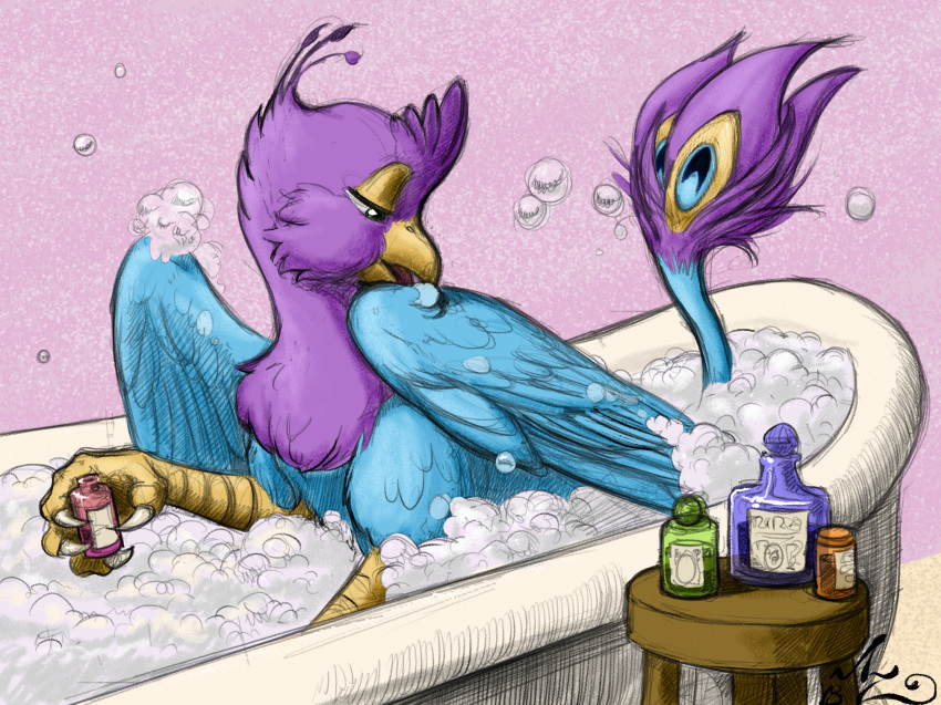 amarynceus avian bathing beak bird bird_feet blue_body bottle bubble bubble_bath feather_preening feathered_crest feathered_wings feathers feral galliform green_eyes gryphon gyro_feather gyrotech head_crest hi_res male mythological_avian mythology peafowl personal_grooming phasianid pink_body quadruped tail_tuft tuft wings