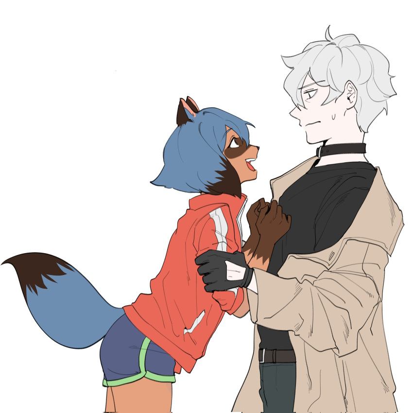 1:1 anthro blue_hair bodily_fluids bottomwear brand_new_animal canid canine clothing coat collar embrace female fur gloves hair handwear hi_res hug human male male/female mammal michiru_kagemori open_mouth orange_body orange_fur raccon_dog raccoon_dog romantic romantic_couple shirou_ogami shorts size_difference standing studio_trigger sweat tanuki topwear trenchcoat unknown_artist white_hair