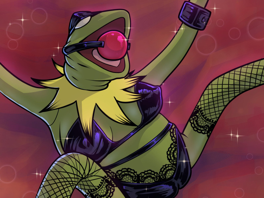 2021 4:3 amphibian anthro ball_gag blindfold bondage_gear bra breasts camel_toe cherloin clothed clothing crossgender female fishnet fishnet_legwear frog gag gagged green_body hi_res kermit_the_frog legwear mtf_crossgender muppet muppets nipple_outline panties solo spread_legs spreading underwear