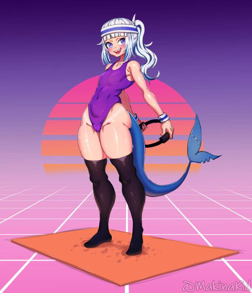 80's_theme absurd_res accessory animal_humanoid blue_eyes bodily_fluids camel_toe clothing female fish fish_humanoid gawr_gura gym_clothing hair headband hi_res hololive hololive_en humanoid legwear leotard looking_at_viewer makinakid mammal marine marine_humanoid nintendo one-piece_swimsuit ring_fit_adventure shark_humanoid smile solo sweat sweatband swimwear thick_thighs thigh_highs video_games white_hair