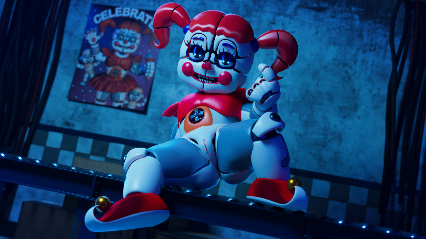 16:9 3d_(artwork) 4k absurd_res ashleyorange baby_(fnafsl) blue_eyes circus_baby_(fnaf) clown clown_girl cutietree digital_media_(artwork) female five_nights_at_freddy's genitals hair hi_res human humanoid lipstick machine makeup mammal pigtails pussy red_hair red_nose robot robot_humanoid sister_location solo solo_focus source_filmmaker spread_legs spreading video_games white_body white_skin widescreen