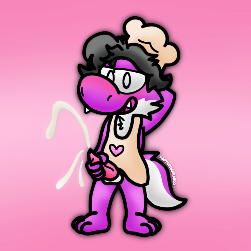 1:1 anthro apron blush bodily_fluids chef_hat clothed clothing erection fan_character fur genital_fluids genitals hair hat headgear headwear hi_res looking_at_viewer male mario_bros miloyoshi nintendo open_mouth penis simple_background smile solo video_games yoshi