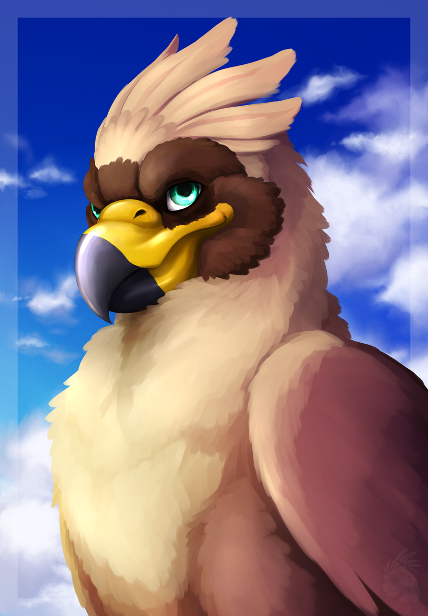 avian beak brown_body cloud feathered_crest feathered_wings feathers female feral green_eyes gryphon head_crest hi_res mythological_avian mythology portrait quadruped serilde solo tail_tuft tuft whelpsy wings