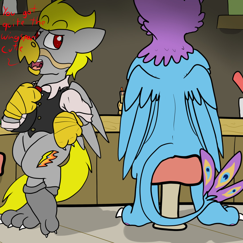1:1 absurd_res avian bar bird blue_body clothing costume equid equine fan_character feathered_wings feathers feral flashyscloset galliform grey_body gryphon gyro_feather hasbro hi_res lightning_flash_(oc) male mammal my_little_pony mythological_avian mythology paws peafowl pegasus phasianid pink_body quadruped tail_tuft tuft wings