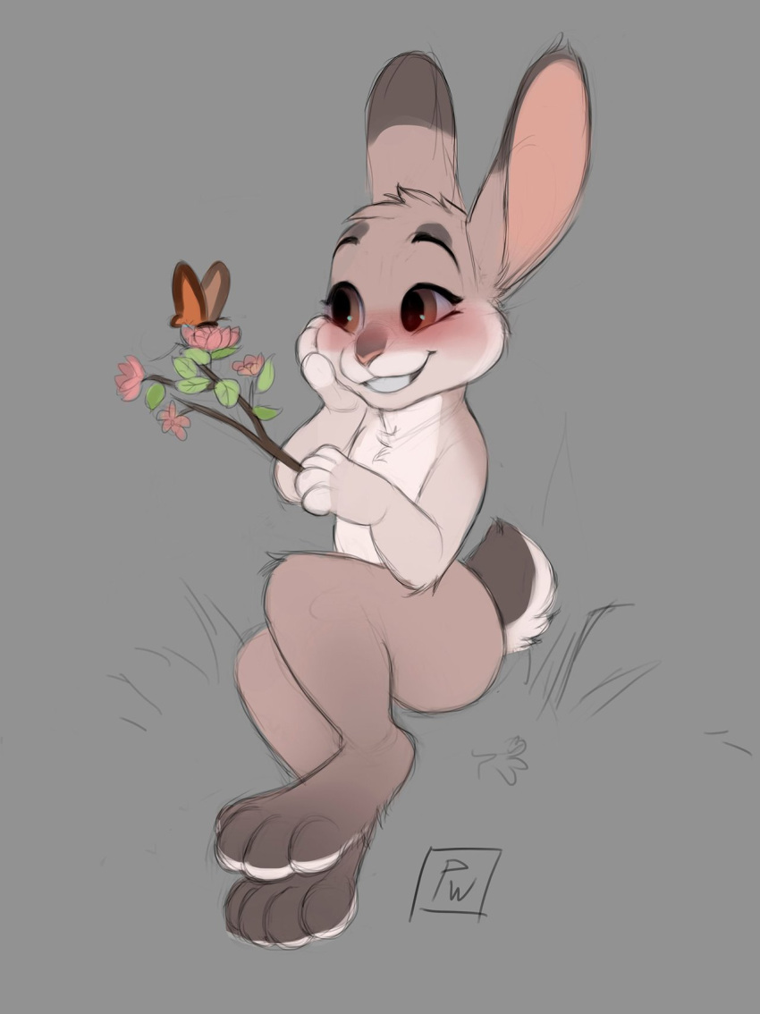 anthro arthropod branch butterfly dipstick_ears duo flower fur grey_background head_tuft hi_res holding_object insect lagomorph leaf lepidopteran leporid mammal multicolored_ears nude pink_nose plant poisewritik rabbit simple_background sitting smile solo_focus tuft white_body white_fur