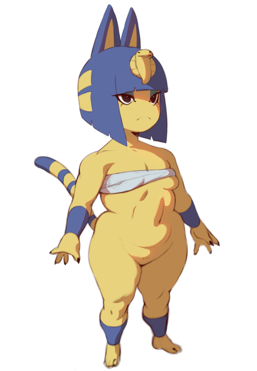 absurd_res animal_crossing ankha_(animal_crossing) anthro belly breast_squish breasts chest_wraps chubby_female featureless_crotch felid feline female forastero hi_res mammal navel nintendo slightly_chubby small_breasts solo squish thick_thighs video_games wide_hips wraps