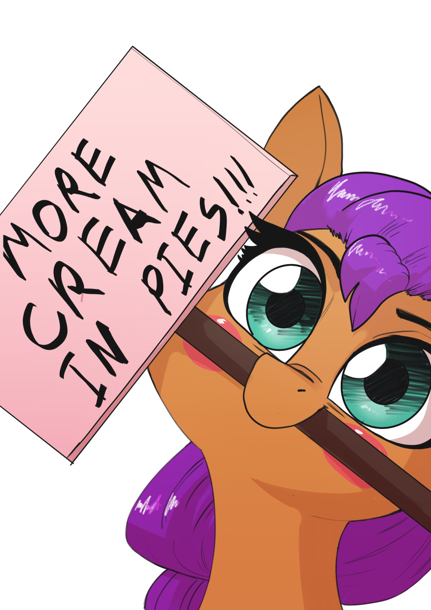 absurd_res blush blush_stickers english_text equid equine female fur green_eyes hair hasbro hi_res horse looking_at_viewer mammal mlp_g5 mouth_hold my_little_pony orange_body orange_fur pony purple_hair sign simple_background solo sunny_starscout_(mlp) text underpable white_background