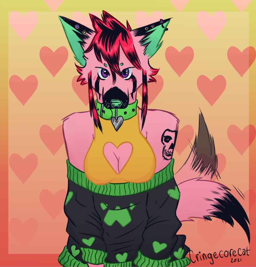 &lt;3 2021 absurd_res alternative anthro arm_tattoo breasts canid canine canis cleavage cleavage_cutout clothed clothing collar cringecorecat cute_expression digital_media_(artwork) domestic_dog edith(cringecorecat) emo fan_character female fur green_body green_fur hair hi_res mammal muzzle_(disambiguation) muzzle_(object) neon piercing pink_body pink_fur portrait punk red_hair screentones solo spiked_collar spikes spiky_hair sweater tail_motion tailwag tattoo topwear wagging wolf