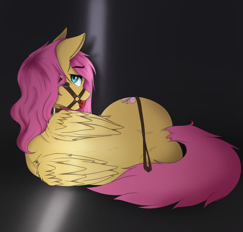 ball_gag blue_eyes bodily_fluids collar cutie_mark dark_room drooling equid equine feathered_wings feathers female feral fluttershy_(mlp) friendship_is_magic fur gag hasbro hi_res looking_at_viewer looking_back looking_back_at_viewer lying mammal mane monanniverse my_little_pony on_side opening_door pegasus pink_mane pink_tail saliva solo wings yellow_body yellow_fur