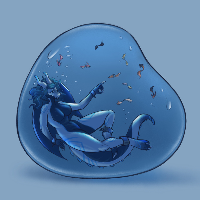 1:1 absurd_res anthro biped blue_background blue_theme breasts bubble bubbling claws countershade_face countershade_legs countershade_neck countershade_tail countershade_torso countershading digital_media_(artwork) dragon female finger_claws fish floating gesture group hair handcuffs hi_res horn marine nude nyxapnea pointing pointing_at_another restraints shackles shaded simple_background smile toe_claws underwater underwater_breathing underwater_scenery underwater_view water