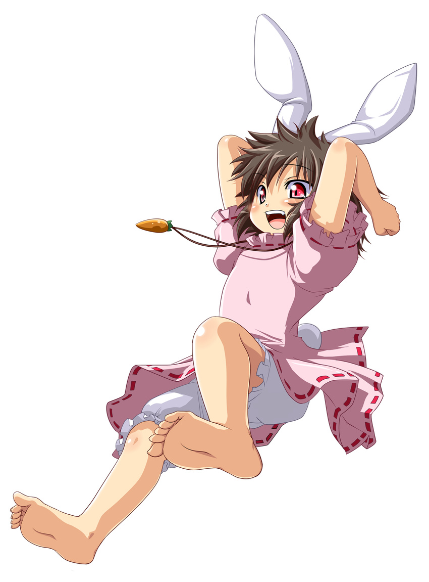 :d animal_ears barefoot bloomers brown_hair bunny_ears bunny_tail carrot carrot_necklace fang feet full_body highres inaba_tewi jewelry jumping kazuhiro_(tiramisu) necklace open_mouth pendant pink_skirt red_eyes skirt smile soles solo tail touhou transparent_background underwear