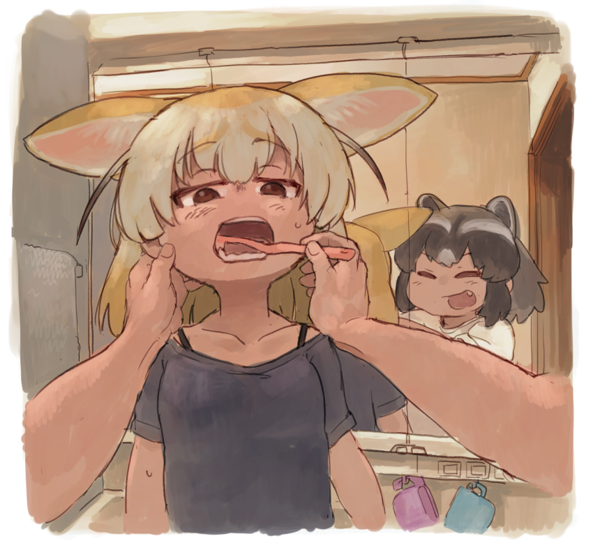 2girls ^_^ alternate_costume animal_ears bangs bathroom bell_(hellchan3) black_hair black_shirt blonde_hair bra_strap brown_eyes brushing_another's_teeth brushing_teeth casual closed_eyes collarbone commentary_request common_raccoon_(kemono_friends) contemporary extra_ears eyebrows_visible_through_hair eyes_closed fang female_pov fennec_(kemono_friends) foreshortening fox_ears grey_hair half-closed_eyes hand_on_another's_cheek hand_on_another's_face hands_up highres holding holding_toothbrush indoors kemono_friends looking_at_another medium_hair mirror multicolored_hair multiple_girls open_mouth pov raccoon_ears reflection shirt short_sleeves sidelocks smile sweat toothbrush upper_body white_shirt