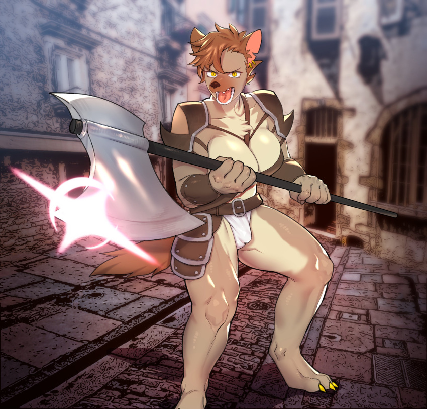 absurd_res anthro armor big_breasts black_nose bottomwear breasts building bulge city claws cleavage clothed clothing fur genital_outline gnoll gynomorph halberd hi_res holding_object holding_weapon huge_breasts hyaenid intersex loincloth mammal melee_weapon muscular muscular_anthro muscular_gynomorph muscular_intersex open_mouth outside penis_outline polearm rtr skimpy_armor snout solo spotted_hyena toe_claws underwear weapon yellow_eyes