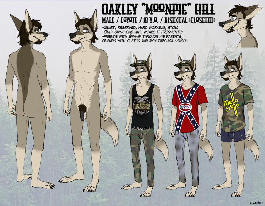 anthro bad_teeth canid canine canis clothing confederate_flag coyote english_text foxmusk hat headgear headwear hi_res male mammal missing_teeth model_sheet moonpie_(foxmusk) pubes redneck shirt solo tank_top teenager text topwear yellow_teeth young