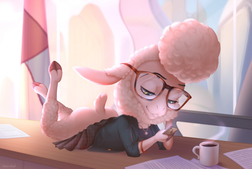 amarihel anthro beverage bottomless bovid butt caprine cellphone clothed clothing coffee dawn_bellwether disney eyewear female glasses looking_down mammal office phone raised_leg sheep solo zootopia