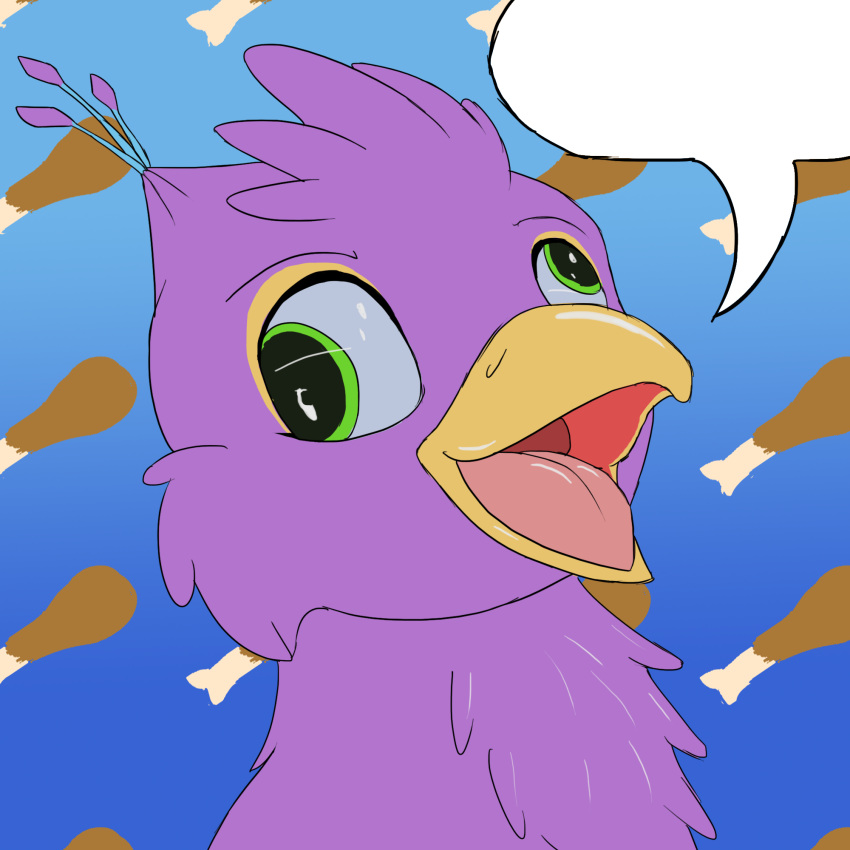 1:1 avian beak bird derp_eyes drumstick_(food) feathers feral galliform green_eyes gryphon gyro_feather hi_res magicalfurry male mythological_avian mythology open_mouth peafowl phasianid pink_body solo speech_bubble