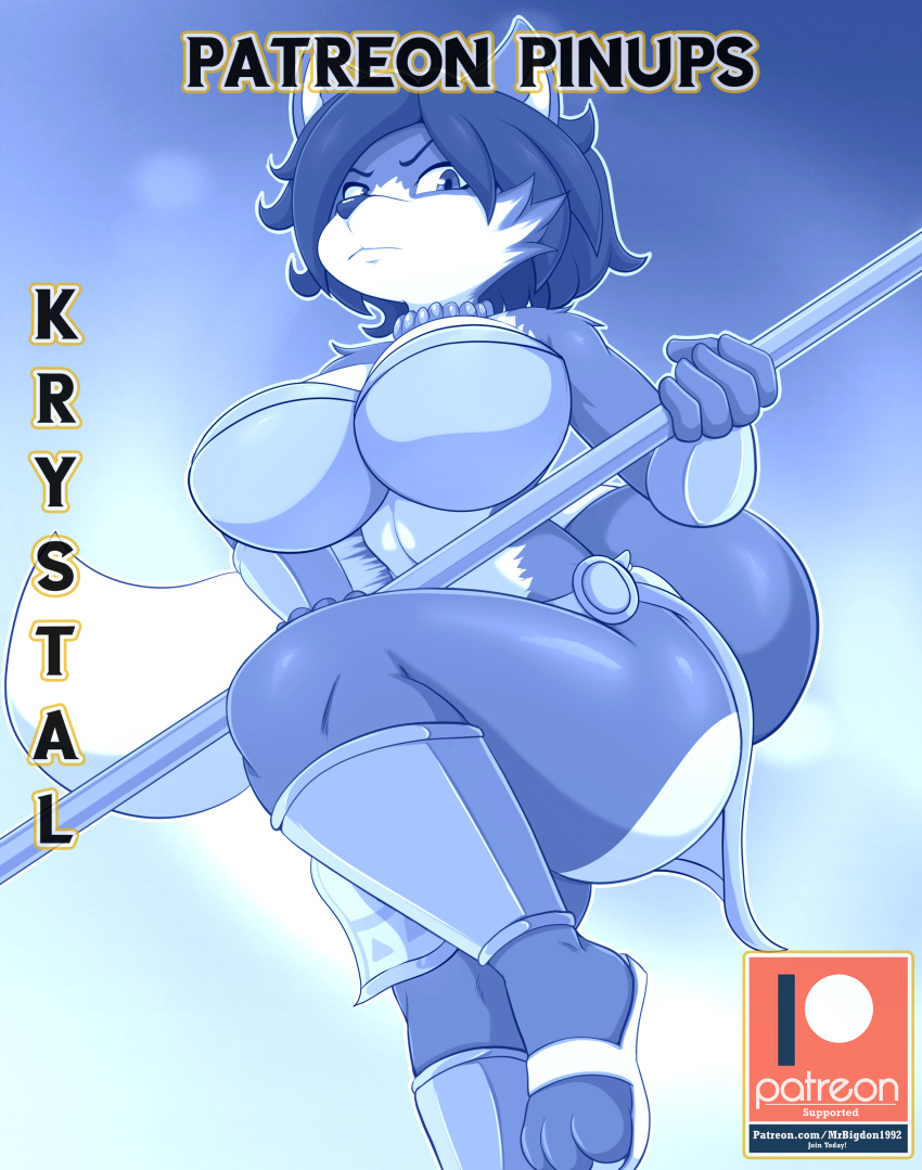 absurd_res anthro big_breasts bigdon1992 blue_body blue_fur blue_hair breasts canid canine clothed clothing digital_media_(artwork) female fox fur hair hi_res krystal low-angle_view mammal nintendo patreon skimpy solo star_fox text thick_thighs url video_games white_body white_fur