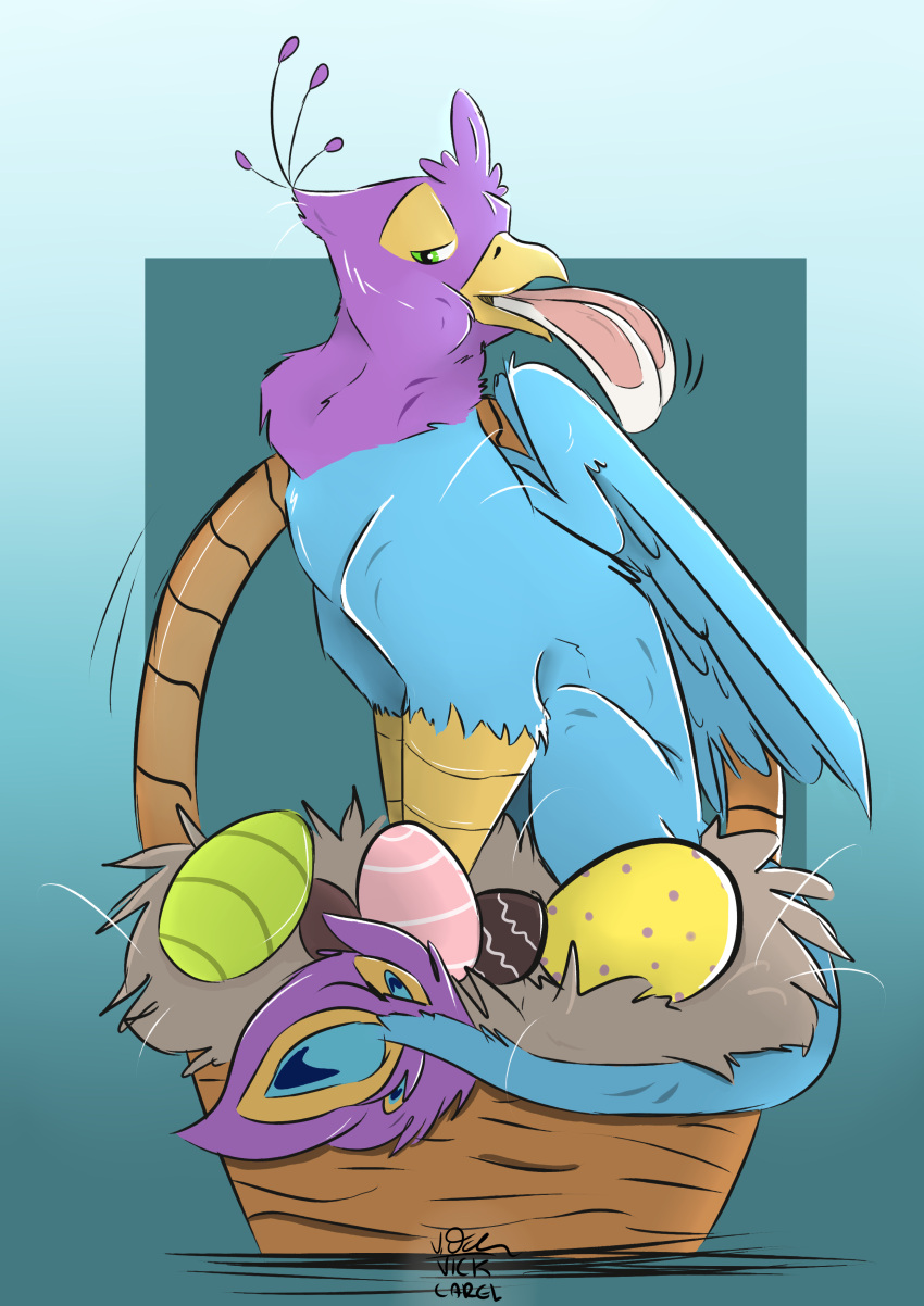 absurd_res ambiguous_gender ambiguous_prey avian basket beak bird blue_body container duo easter easter_basket easter_egg feathered_wings feathers feral feral_pred feral_prey galliform green_eyes gryphon gyro_feather hi_res holidays lagomorph larger_pred leporid male male_pred mammal mythological_avian mythology neck_bulge peafowl phasianid pink_body quadruped rabbit size_difference tail_tuft tuft vick-carel vore wings