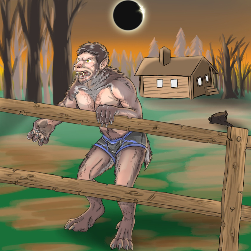 anthro briefs briefs_only bulge cabin canid canine claws clothed clothing digitigrade eclipse fence hi_res humanoid_pointy_ears male mammal mid_transformation outside pawpads randwulf_go'zan snout solo standing topless topless_male transformation underwear were werecanid werecanine werewolf wooden_fence