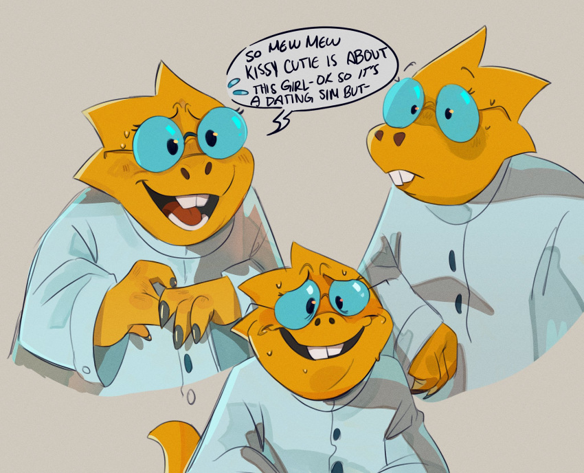 alphys anthro blush bodily_fluids buckteeth claws clothing coat dialogue dimples english_text eyewear female front_view glasses hi_res lab_coat lizard nervous open_mouth open_smile reptile scales scalie simple_background smile solo speech_bubble sweat teeth terraswill text thick_tail topwear undertale undertale_(series) video_games yellow_body yellow_scales