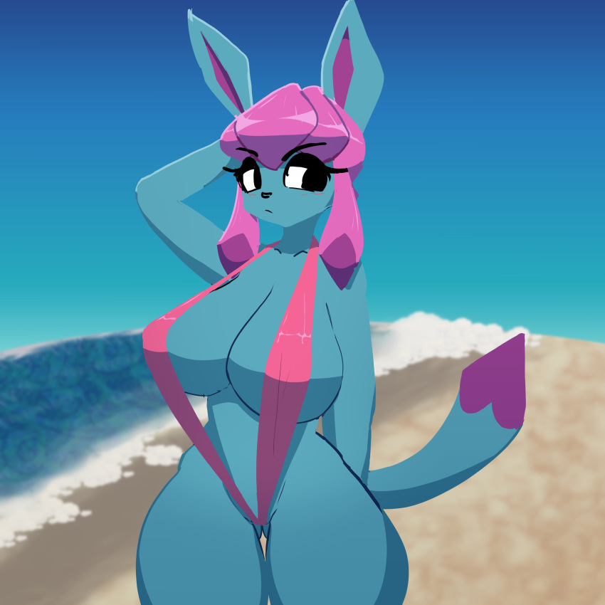 1:1 absurd_res alternate_color anthro anthrofied beach black_eyes blue_body blue_skin eeveelution female glaceon hair hi_res hsp nintendo pink_hair pok&eacute;mon pok&eacute;mon_(species) pok&eacute;morph seaside skimpy_bikini solo video_games water