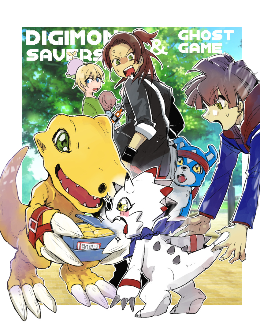 absurd_res agumon anthro bandai_namco blonde_hair blush brown_hair clothing digimon digimon_(species) digimon_data_squad digimon_ghost_game english_text female fried_egg gammamon gaomon group hair hi_res hiro_amanokawa hoodie human lalamon male mammal marcus_daimon text thomas_norstein topwear ulcer_gag