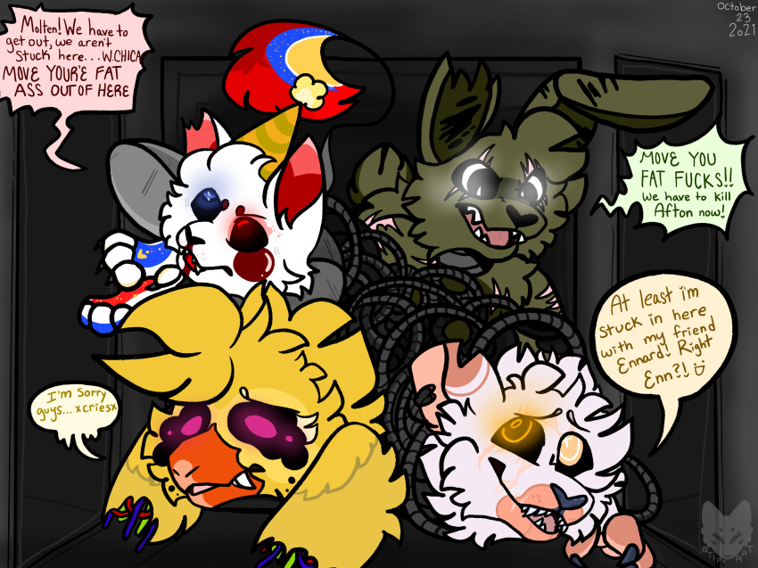 2021 angry animatronic anthro avian bird chicken clothing dialogue digital_drawing_(artwork) digital_media_(artwork) domestic_cat english_text ennard_(fnafsl) felid feline felis female feral five_nights_at_freddy's five_nights_at_freddy's_2 five_nights_at_freddy's_3 freddy_fazbear's_pizzeria_simulator fur galliform gallus_(genus) group hair hat headgear headwear hi_res lagomorph leporid machine male mammal molten_freddy_(fnaf) open_mouth phasianid profanity qtippywastaken rabbit robot sad shaded signature simple_background sister_location smile speech_bubble springtrap_(fnaf) tail_tuft text tongue tuft ultimate_custom_night ursid ursine video_games withered_chica_(fnaf)