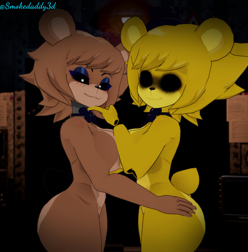3d_(artwork) animatronic anthro big_breasts big_butt blender_(software) breasts butt clothing digital_media_(artwork) duo female female/female five_nights_at_freddy's five_nights_at_freddy's_2 freddy_(fnaf) fredina_(cally3d) fur golden_freddy_(fnaf) golden_fredina_(cally3d) headgear headwear hi_res looking_at_viewer machine mammal nude robot simple_background smile smokedaddy thick_thighs ursid video_games wide_hips