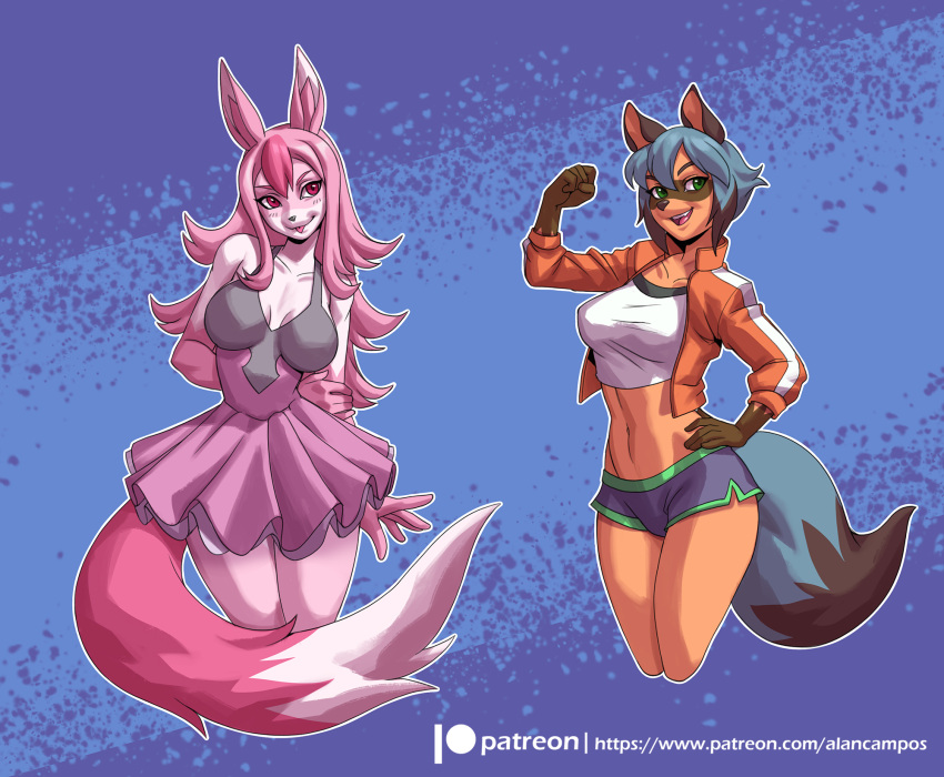 2021 alanscampos anthro blue_hair bottomwear brand_new_animal breasts brown_body brown_fur canid canine clothing dipstick_tail duo eyebrows eyelashes facial_markings female flexing fox fur green_eyes hair hand_on_hip head_markings hi_res jacket long_hair looking_at_viewer mammal markings mask_(marking) michiru_kagemori multicolored_hair navel navel_piercing nazuna_hiwatashi open_mouth open_smile piercing pink_body pink_eyes pink_fur pink_hair raccoon_dog short_hair shorts smile studio_trigger tail_markings tongue tongue_out topwear two_tone_hair