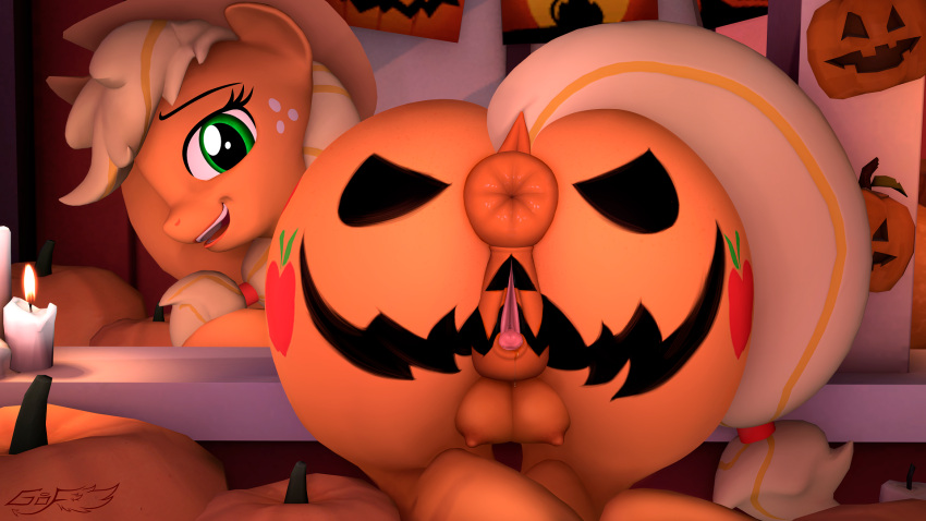 16:9 3d_(artwork) animal_genitalia anus applejack_(mlp) big_butt blonde_hair butt candle clitoris cutie_mark digital_media_(artwork) donut_anus earth_pony equid equine female feral food freckles friendship_is_magic fruit genitals godoffury green_eyes hair halloween hasbro hi_res holidays horse jack-o'-lantern lit_candle looking_at_viewer looking_back mammal my_little_pony nipples nude orange_body paint plant pony presenting puffy_anus pumpkin pumpkin_butt pussy smile solo source_filmmaker teats widescreen