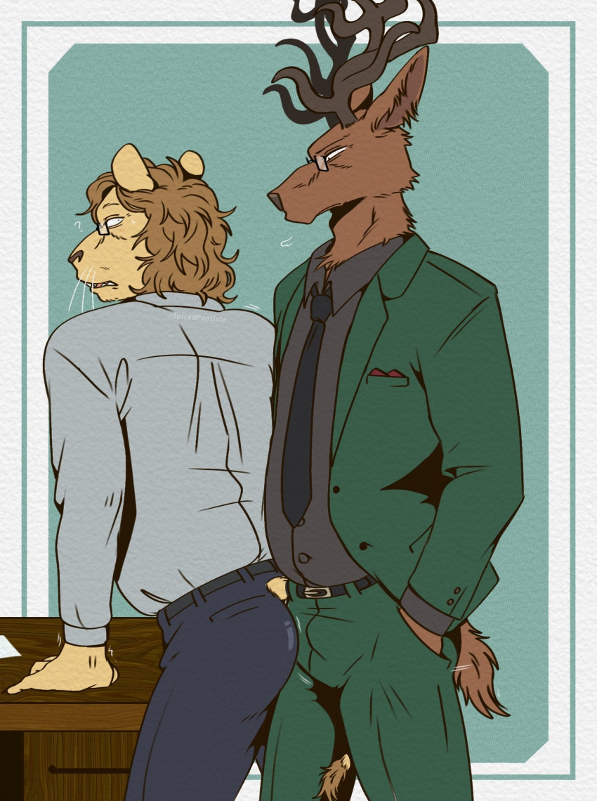 2021 ? anthro antlers beastars bottomwear brown_body brown_fur bulge butt cervid cervine clothed clothing confusion desk dress_shirt dry_humping duo eyewear felid fur furniture glasses grinding hands_in_pockets hi_res horn ibuki_(beastars) kinktober lion male male/male mammal mane mature_anthro mature_male necktie oguma_(beastars) pantherine pants pockets red_deer sex shirt spicedpopsicle standing suit tan_body tan_fur teeth topwear watermark whiskers