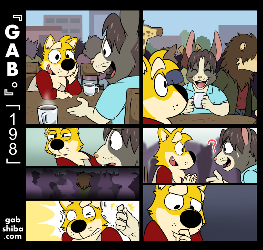 5_fingers ? anthro black_nose blue_clothing blue_shirt blue_topwear brown_hair canid canine canis chatting city clothing coffee_mug comic container crowd cup distracted domestic_dog duo felid fingers fur furniture gab_(comic) gab_shiba gabshiba giraffe giraffid grey_body grey_fur group hair holding_cup holding_object lagomorph leporid lion male mammal narrowed_eyes outside pantherine pensive rabbit recognition shiba_inu shirt sitting_on_chair snapping_fingers spitz squint startled table text topwear url yellow_body yellow_fur