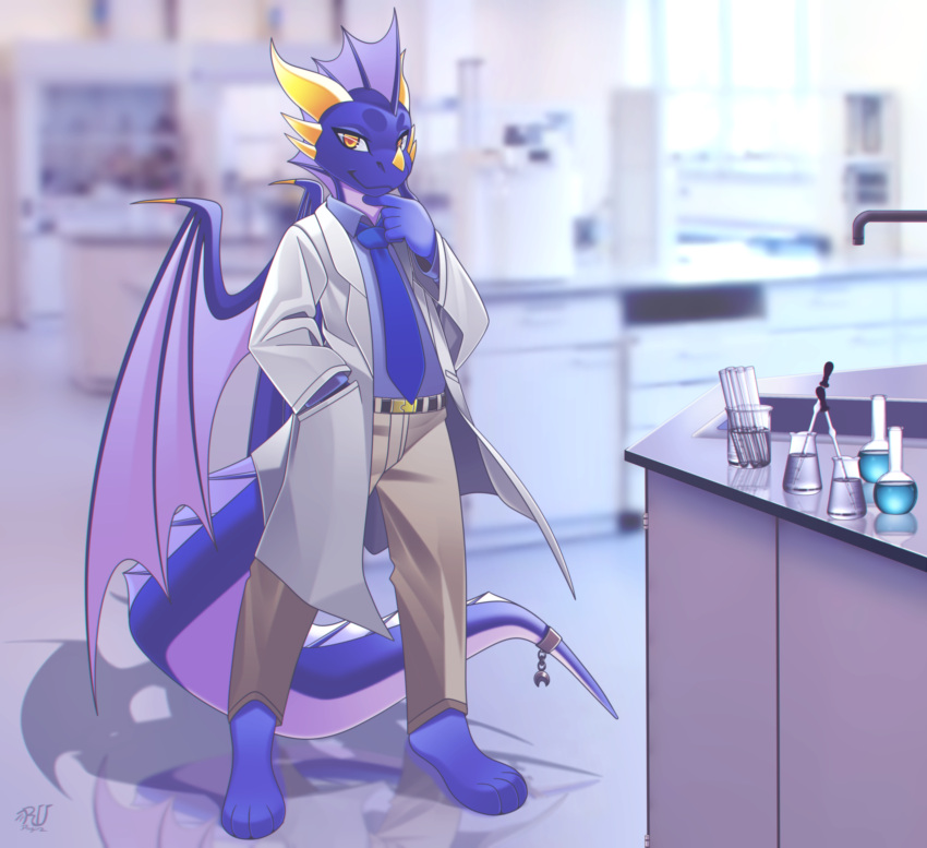 absurd_res anthro belt blue_body chemistry clothing coat dragon dress_pants frill_(anatomy) hand_in_pocket hi_res jewelry kouryuu lab_coat laboratory looking_at_viewer male membrane_(anatomy) membranous_frill membranous_wings necktie pockets reflection rudragon scalie scientist smile smirk solo tail_jewelry thinking_pose topwear western_dragon wings yellow_eyes