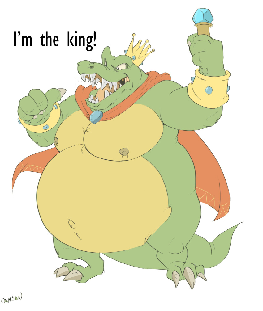 2021 3_toes 4_fingers absurd_res anthro areola belly biceps big_belly big_pecs biped black_eyes bracelet canson cape cape_only claws clothing crocodilian crown dialogue digital_media_(artwork) donkey_kong_(series) english_text fangs featureless_crotch feet finger_claws fingers flat_colors gem gesture green_body green_scales green_tail grey_claws hi_res holding_object holding_staff jewelry king king_k._rool kremling male mostly_nude musclegut muscular muscular_anthro muscular_male navel nintendo nipple_piercing nipples non-mammal_nipples obese obese_anthro obese_male open_mouth outie_navel overweight overweight_anthro overweight_male pecs piercing pink_tongue pointing pointing_at_self reptile royalty scales scalie scepter sharp_teeth signature simple_background snout solo staff standing teeth text three-quarter_view toe_claws toes tongue uvula video_games white_background yellow_areola yellow_nipples