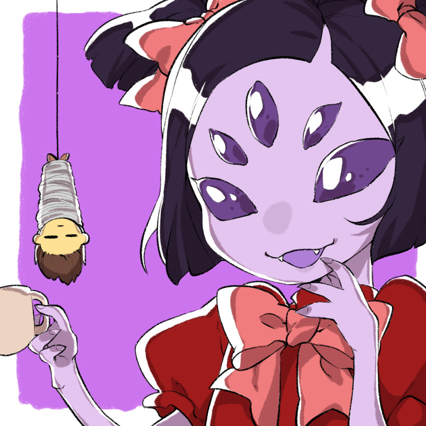 1:1 animal_humanoid arachnid arachnid_humanoid arthropod arthropod_humanoid bound bow_tie clothing dress duo female hanging_upside_down hi_res humanoid macro male muffet mug multi_eye protagonist_(undertale) pugthe2ro purple_eyes red_clothing red_dress simple_background spider_humanoid undertale undertale_(series) video_games