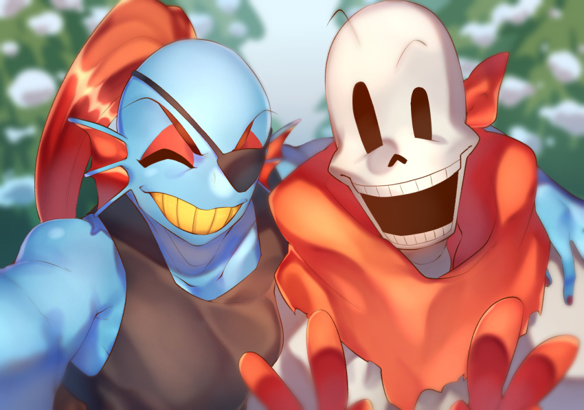 animal_humanoid blue_body blue_skin bone clothed clothing duo eye_patch eyewear female fin fish fish_humanoid grin hair humanoid male marine marine_humanoid papyrus_(undertale) ponytail pugthe2ro red_scarf scarf sharp_teeth shirt skeleton smile tank_top teeth topwear undertale undertale_(series) undyne video_games