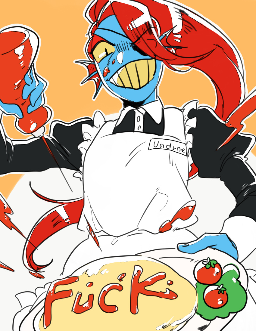 absurd_res animal_humanoid blue_body blue_skin clothing female fish fish_humanoid food fruit hair hi_res humanoid ketchup lettuce maid_uniform marine marine_humanoid name_tag plant plate pugthe2ro red_hair simple_background smile solo tomato undertale undertale_(series) undyne uniform vegetable video_games yellow_sclera