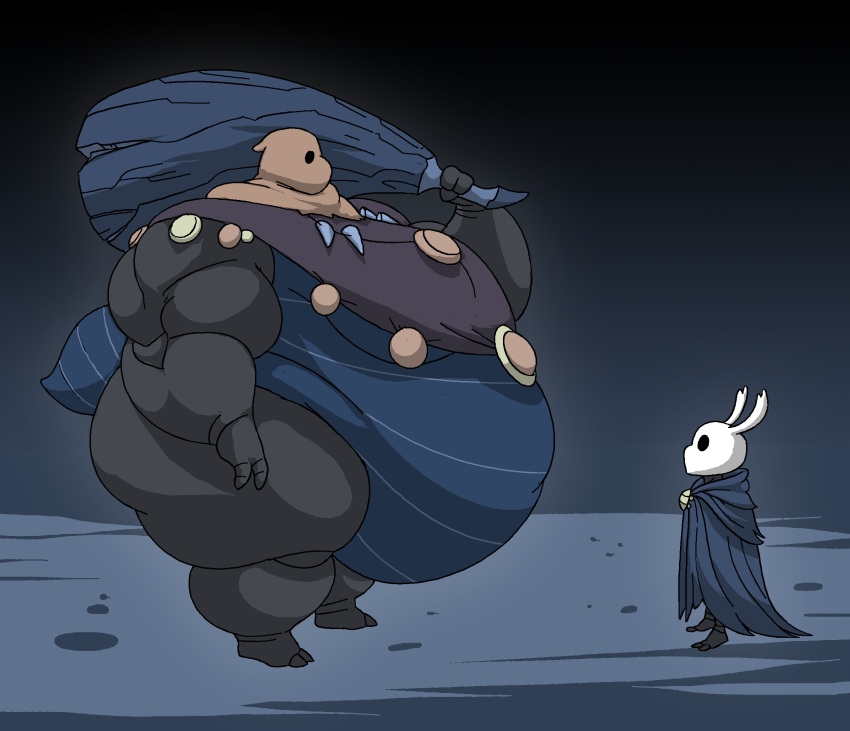 2_toes 3_fingers ambiguous_gender anthro arthropod barefoot belly big_belly big_breasts big_butt black_body breasts butt cicada cloth_(hollow_knight) clothed clothing club_(disambiguation) digital_media_(artwork) duo feet female fingers hi_res hollow_knight hood humanoid insect jangleforks jewelry larger_female melee_weapon morbidly_obese mostly_nude musclegut muscular obese overweight overweight_female protagonist_(hollow_knight) size_difference smaller_ambiguous strongfat team_cherry thick_thighs toes vessel_(species) video_games weapon