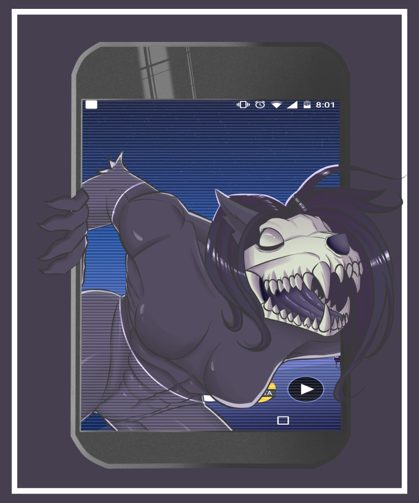 2021 5:6 absurd_res anthro bone border canid cellphone claws digital_media_(artwork) fantasy000 female hair hi_res malo mammal monster open_mouth phone purple_border scanlines scp-1471 scp-1471-a scp_foundation skull skull_head solo white_eyes