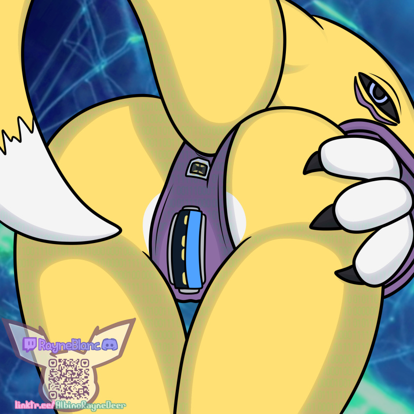 1:1 albinoraynedeer anthro bandai_namco bikini bikini_bottom butt butt_grab clothing digimon digimon_(species) female hand_on_butt hi_res looking_at_viewer looking_back qr_code raised_tail renamon solo swimwear usb_port