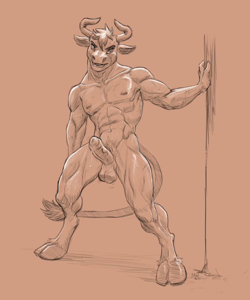 2021 abs anthro athletic athletic_anthro athletic_male balls bodily_fluids bovid bovine digital_media_(artwork) dripping erection european_mythology foreskin fur genital_fluids genitals greek_mythology hi_res hooves horn looking_at_viewer male mammal marsonaut minotaur muscular muscular_anthro muscular_male mythology navel nipples nude pecs penis precum precum_drip pubes signature smile solo standing