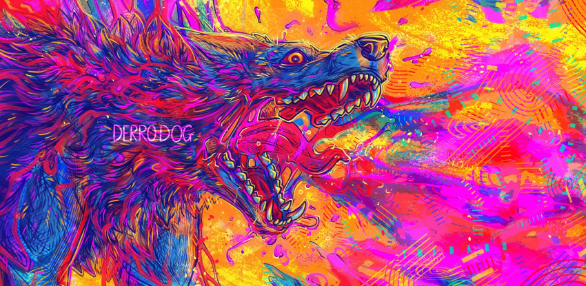 2021 abstract_background ambiguous_gender blood bodily_fluids canid canine canis dimwitdog fangs feral fur grey_body grey_fur hi_res mammal open_mouth solo tongue wolf yellow_eyes