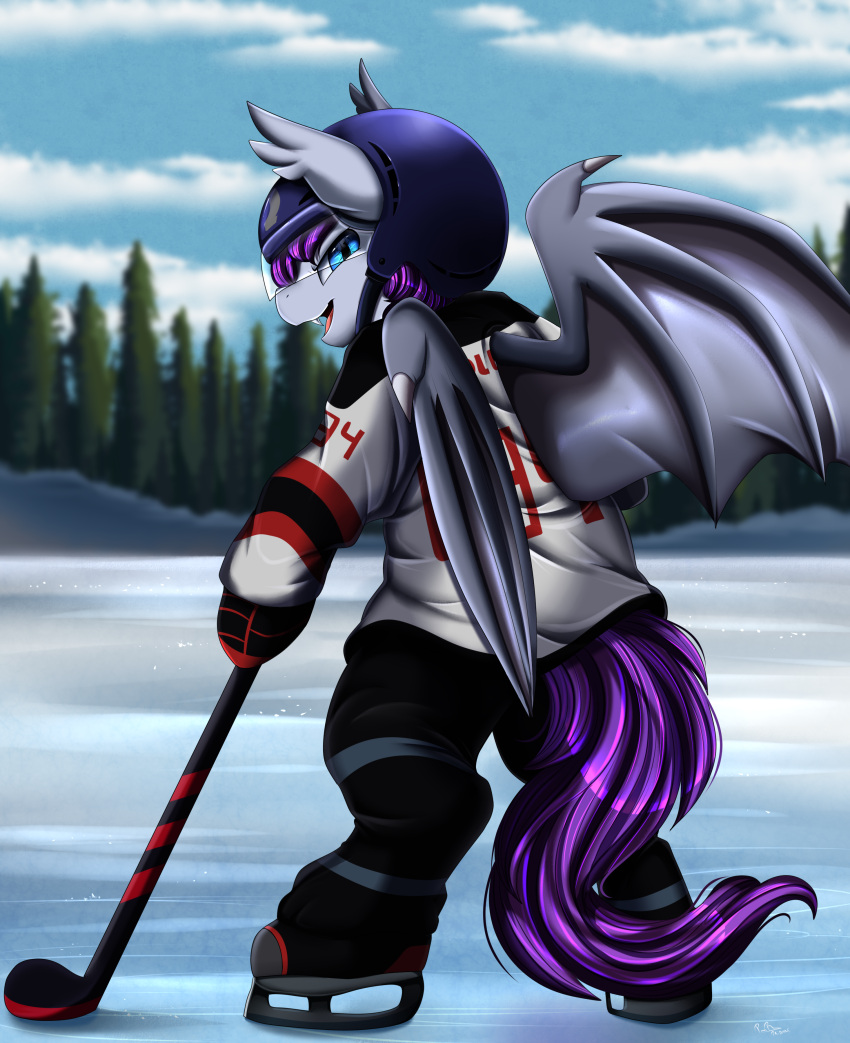 2021 absurd_res bat_pony biped blue_eyes bottomwear clothing cloud equid equine fan_character hasbro hi_res hockey hockey_stick looking_at_viewer male mammal my_little_pony open_mouth pants plant pridark sky snow sport tree