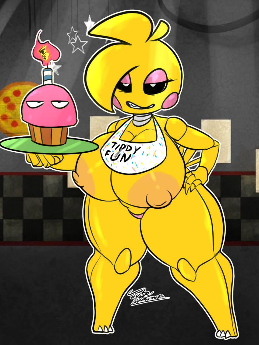 2020 3:4 3_claws 3_toes animatronic annoyed anthro anthrofied areola avian beakless bedroom_eyes bib big_areola big_breasts big_nipples bird black_sclera blonde_hair blush blush_stickers breasts candle checkered_wall chicken claws clothed clothing cupcake cupcake_(fnaf) curvy_figure empty_eyes english_text eyelashes eyeshadow fangs feet female five_nights_at_freddy's five_nights_at_freddy's_2 food galliform gallus_(genus) grin hair half-closed_eyes hand_on_hip hand_on_own_hip hi_res holding_object holding_plate huge_areola huge_breasts huge_nipples ineffective_clothing inside jyto looking_at_viewer machine makeup mostly_nude mouthless narrowed_eyes nipples non-mammal_breasts orange_areola orange_nipples panties partially_clothed phasianid pink_clothing pink_eyeshadow pink_panties pink_underwear pizza poster pupils robot rosy_cheeks seductive serving serving_tray sharp_teeth smile solo star teeth teeth_showing text thick_thighs toes toy_chica_(fnaf) unamused underwear video_games voluptuous watermark white_eyes wide_hips yellow_body yellow_skin