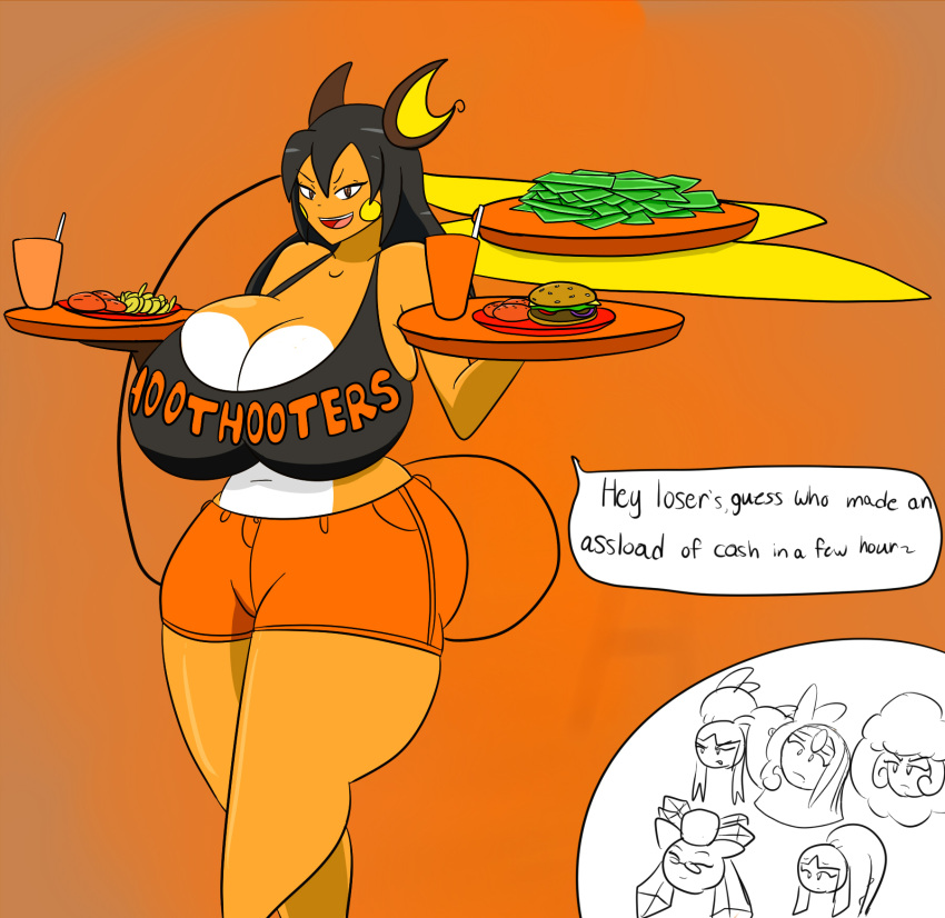 2017 amber_(igph) anthro ashley_(igph) beverage big_breasts black_hair bottomwear breasts brown_eyes burger chicken_meat cleavage cleavage_overflow clothed clothing crop_top curvy_figure dialogue diancie digital_media_(artwork) english_text erica_(igph) eyelashes female food fur hair hi_res hooters hourglass_figure huge_breasts igphhangout legendary_pok&eacute;mon looking_at_viewer mammal meat mega_evolution mega_mawile meloetta meloetta_(aria_form) midriff money multicolored_body multicolored_fur navel nekeisha_(igph) nintendo orange_background pok&eacute;mon pok&eacute;mon_(species) rachel_the_raichu_(igph) raichu shirt shorts side_boob simple_background smile solo standing teeth text thick_thighs tongue topwear two_tone_body two_tone_fur video_games voluptuous whimsicott white_body white_fur wide_hips work_uniform yellow_body yellow_fur